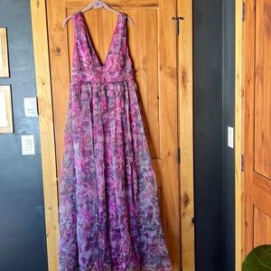 Lulus Garden Romance Magenta Floral Print Organza Maxi Dress